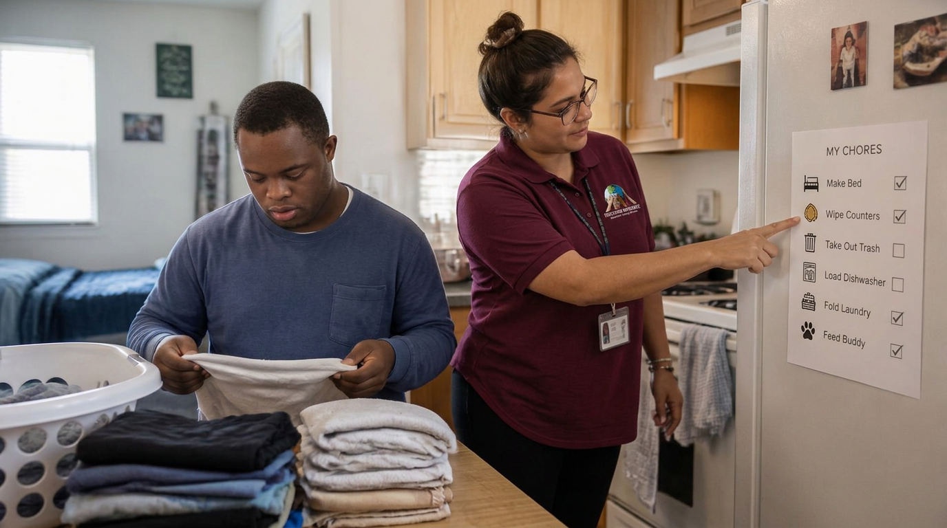 A client folding laundry in his own apartment while a support worker reviews his chore checklist